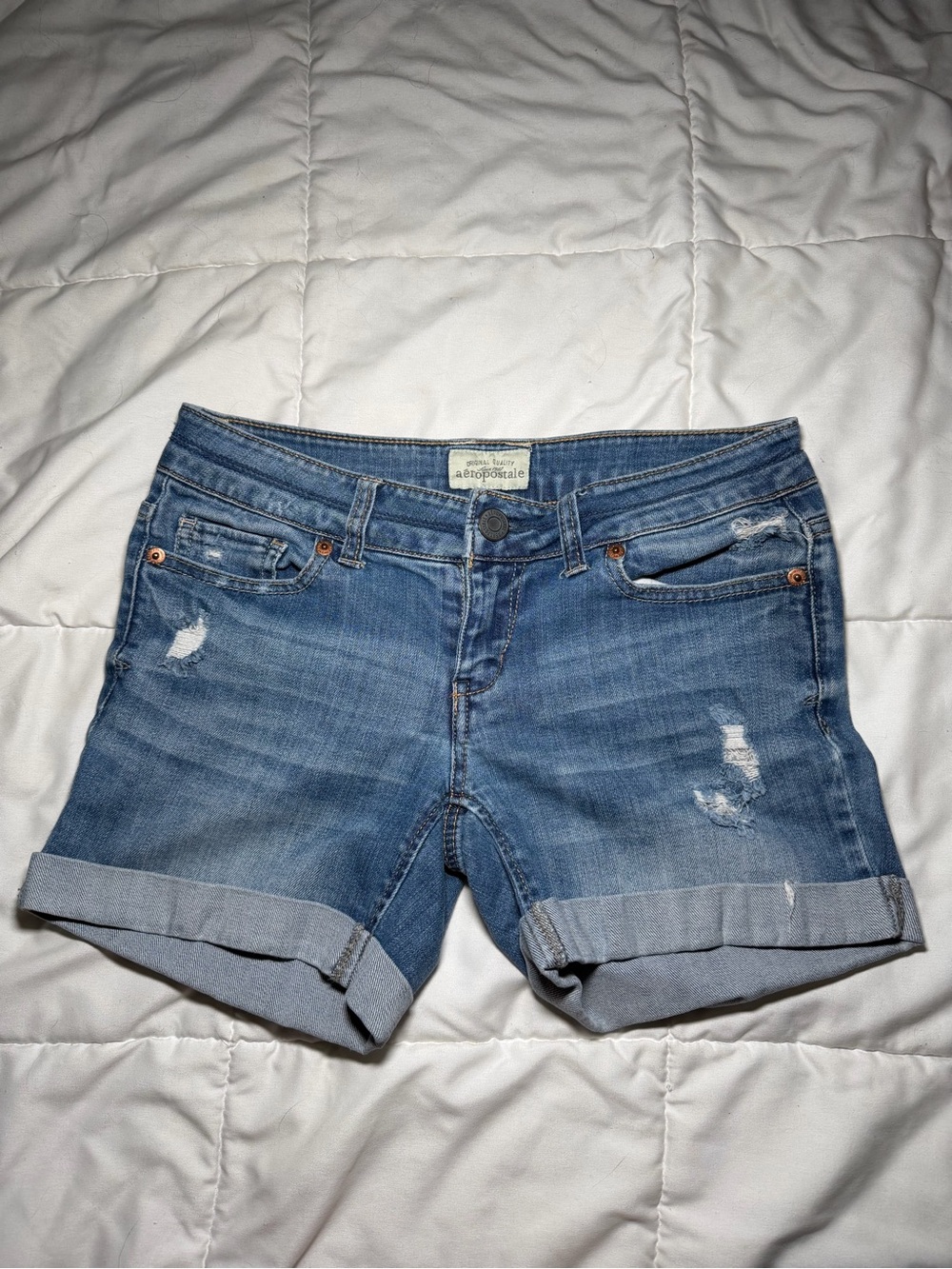 Aeropostale Medium Blue Distressed Rolled Cuff Denim Shorts